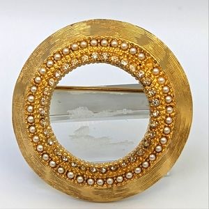 Vintage Costume Signed BENEDIKT NY Brushed Tone Metal Rhinestone Circle Brooch